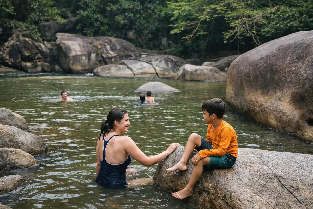Guests enjoying the natural pools at Charco El Hippie on a group tour in Naguabo Puerto Rico