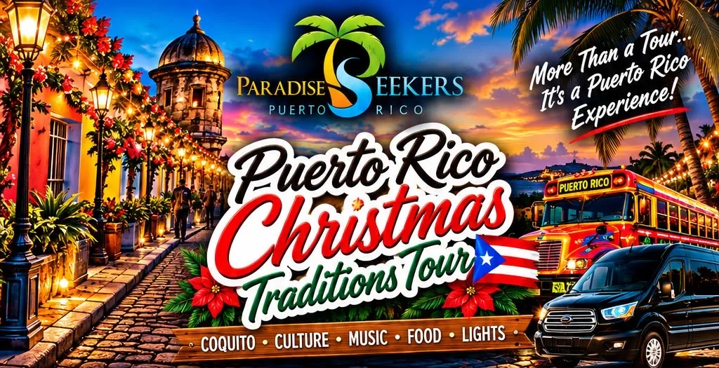 Puerto Rico Christmas Traditions Tour: Old San Juan street in holiday lights and the Paradise Seekers party bus