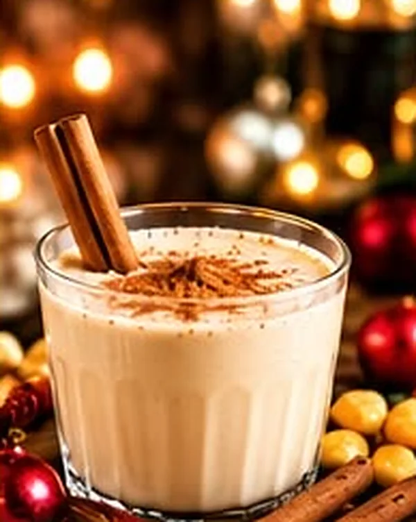 Glass of coquito with a cinnamon stick, Puerto Rico's Christmas drink, at the coquito experience